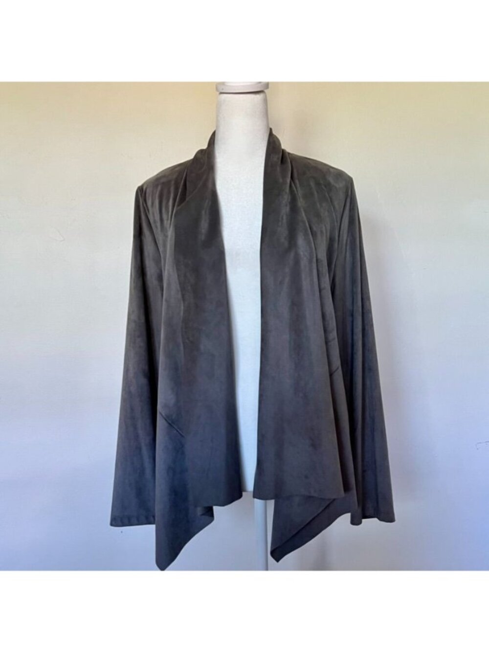 Bagatelle Women Sz L Gray Faux Suede Drape Open Front Jacket Chic Soft Minimal - Picture 2 of 13
